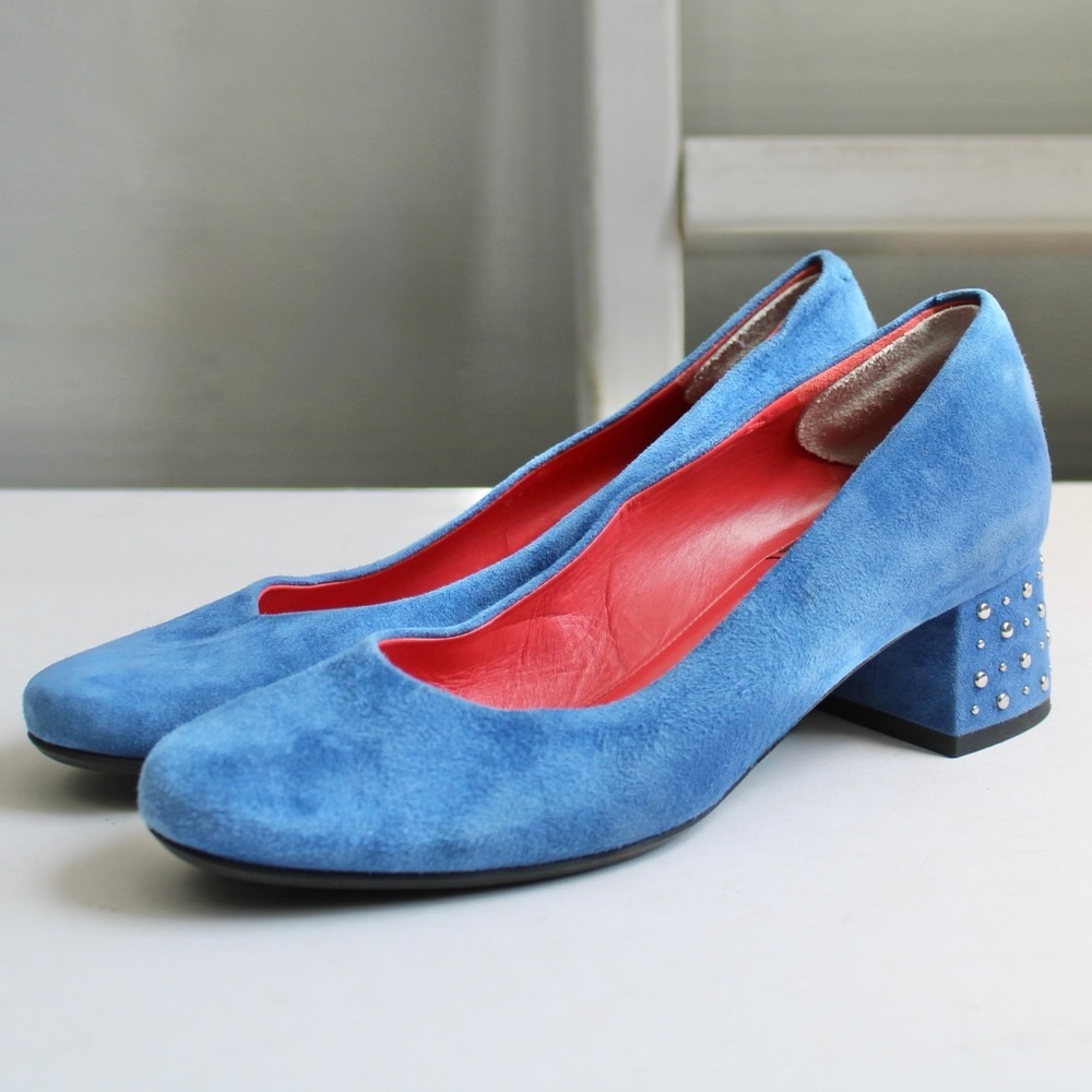 Pas de Rouge Blue Suede Round Toe Embellished Studded Block Heel 2190 Size 7.5 - Picture 1 of 9